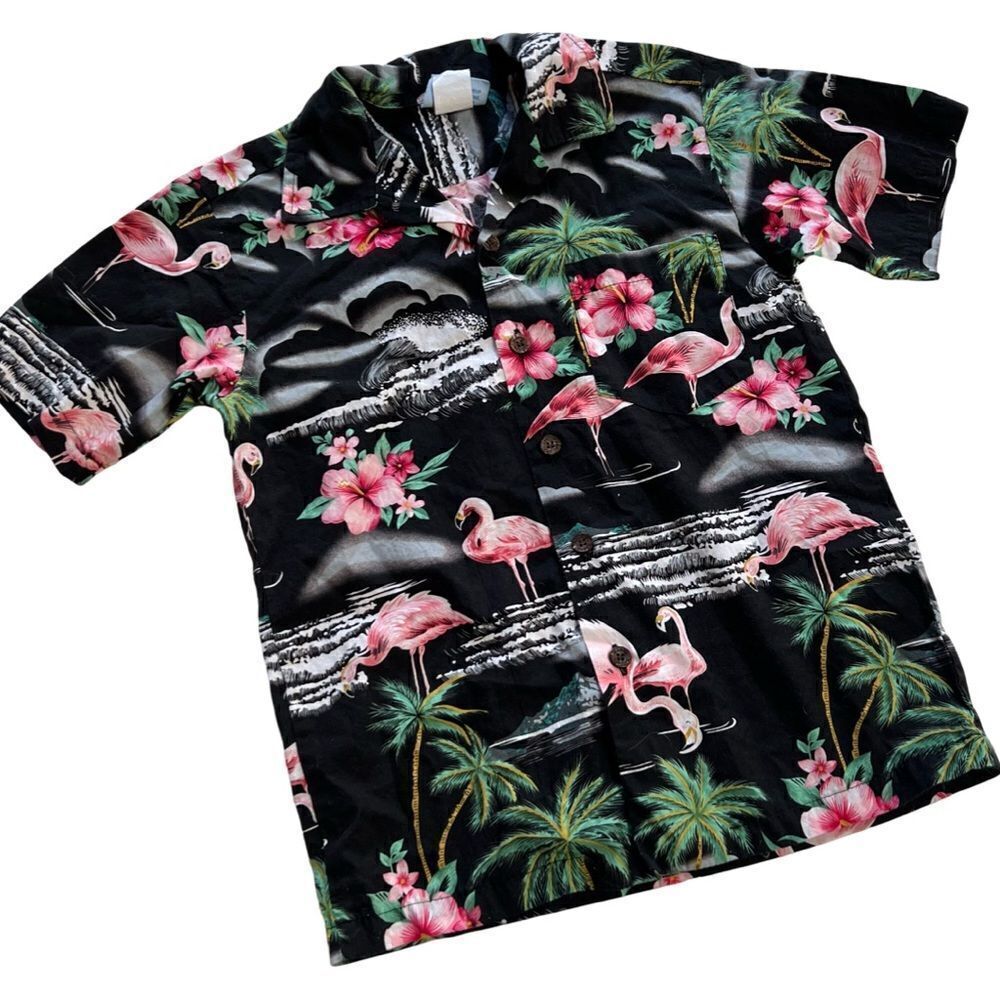 Vintage 1990s Retro Boys Flamingo Print Tropical Hawaiian Tiki Beach Shirt